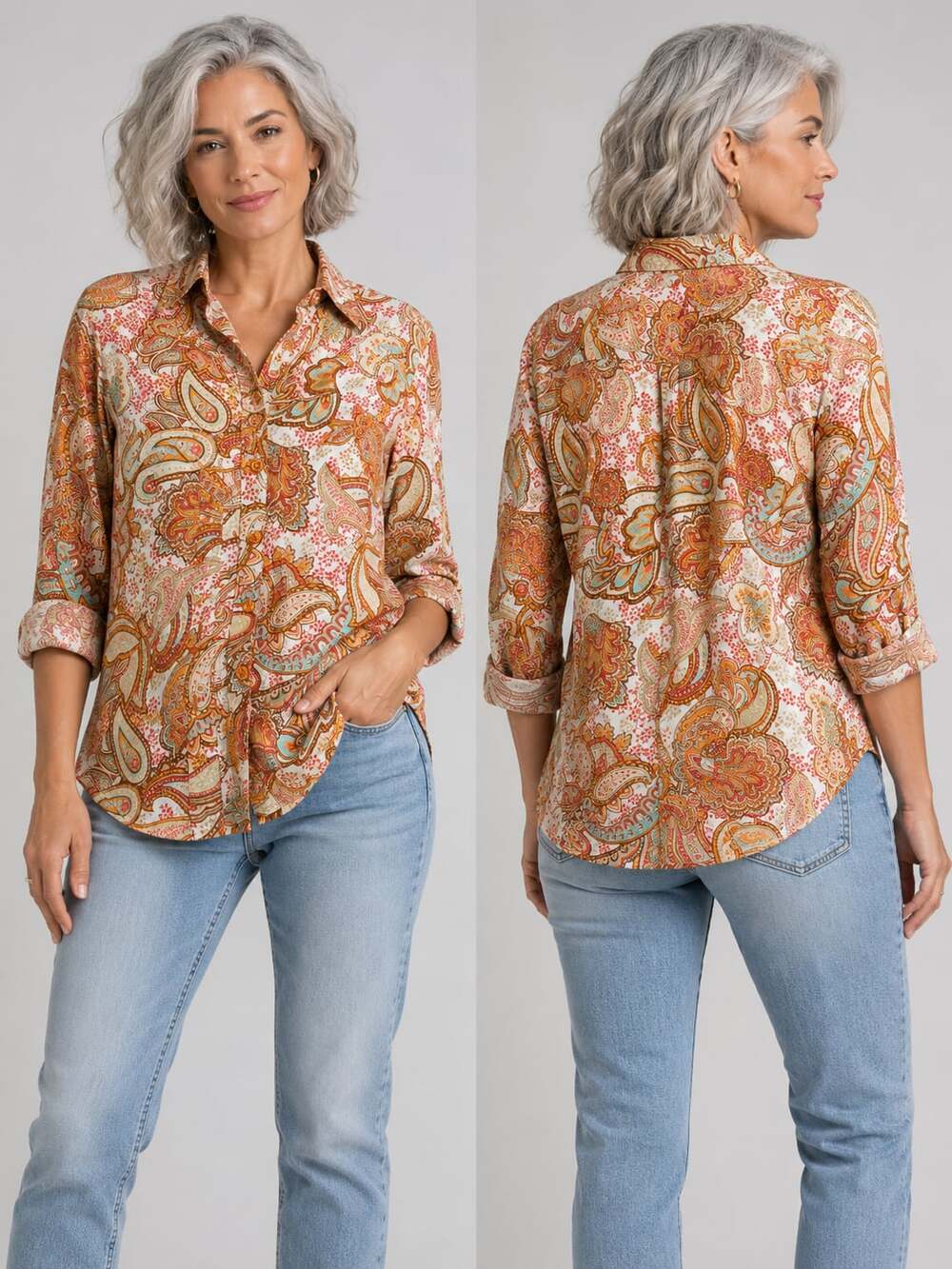Blue Diamond Women's Long Sleeve Button-Down Paisley Print Cotton Shirt
M97